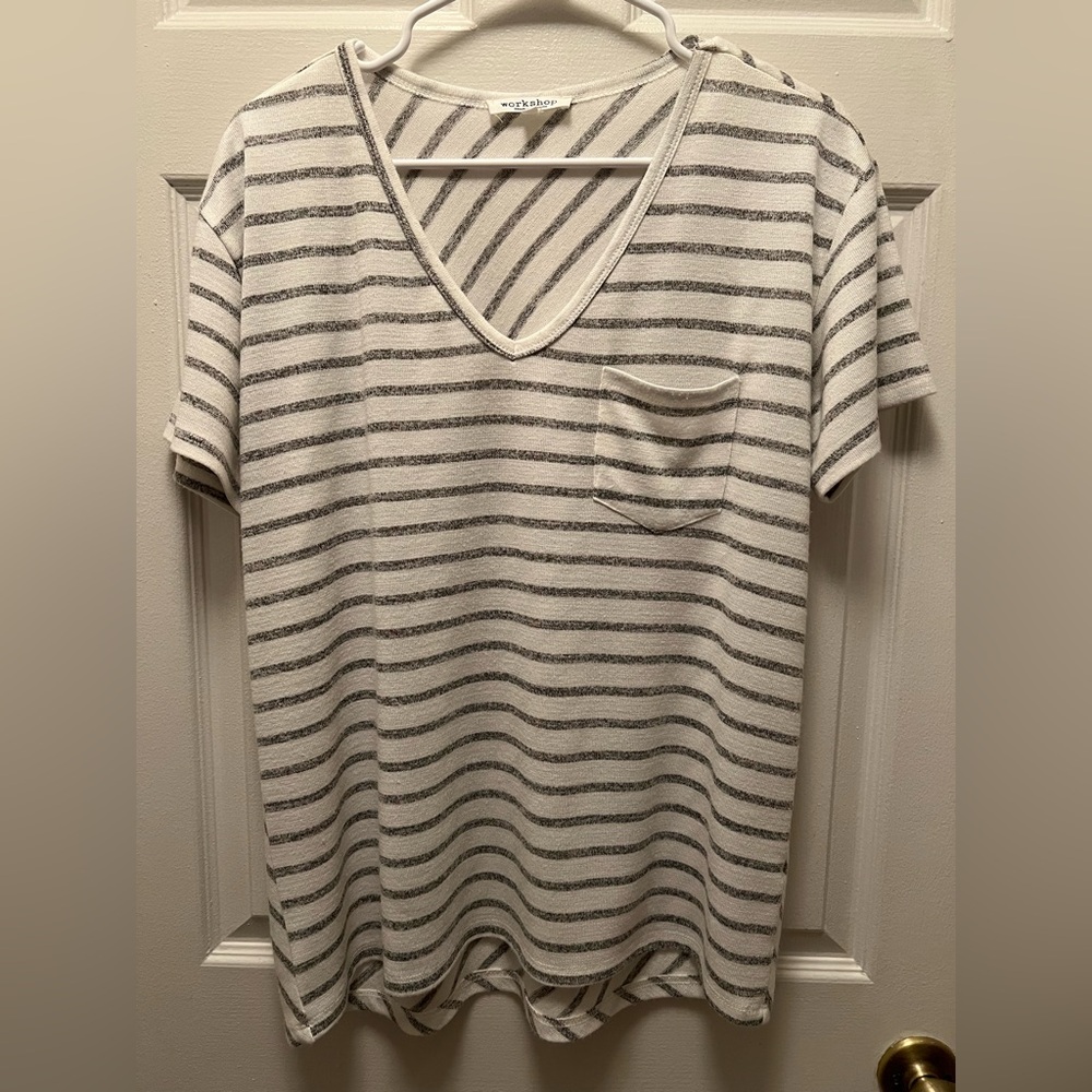 Workshop Republic Clothing Striped V-Neck Tee in White and Gray